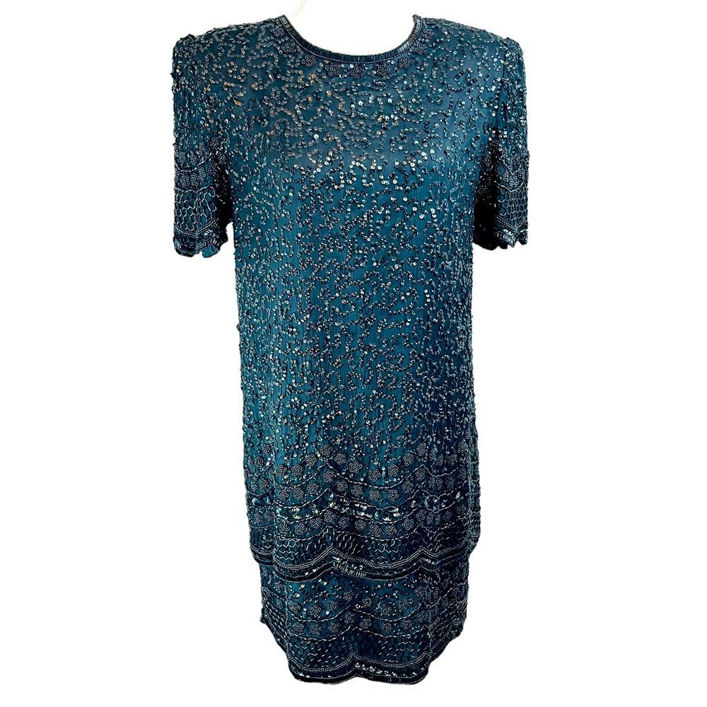 Vintage LAURENCE KAZAR Black Fully Beaded Shift Dress Short Sleeve Silk Art Deco